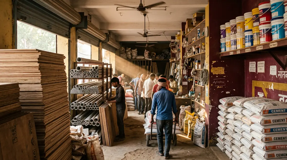 Inside the Shree Siddhi Vinayak store: stacked plywood, PVC pipes, paint buckets and cement bags in warm afternoon light