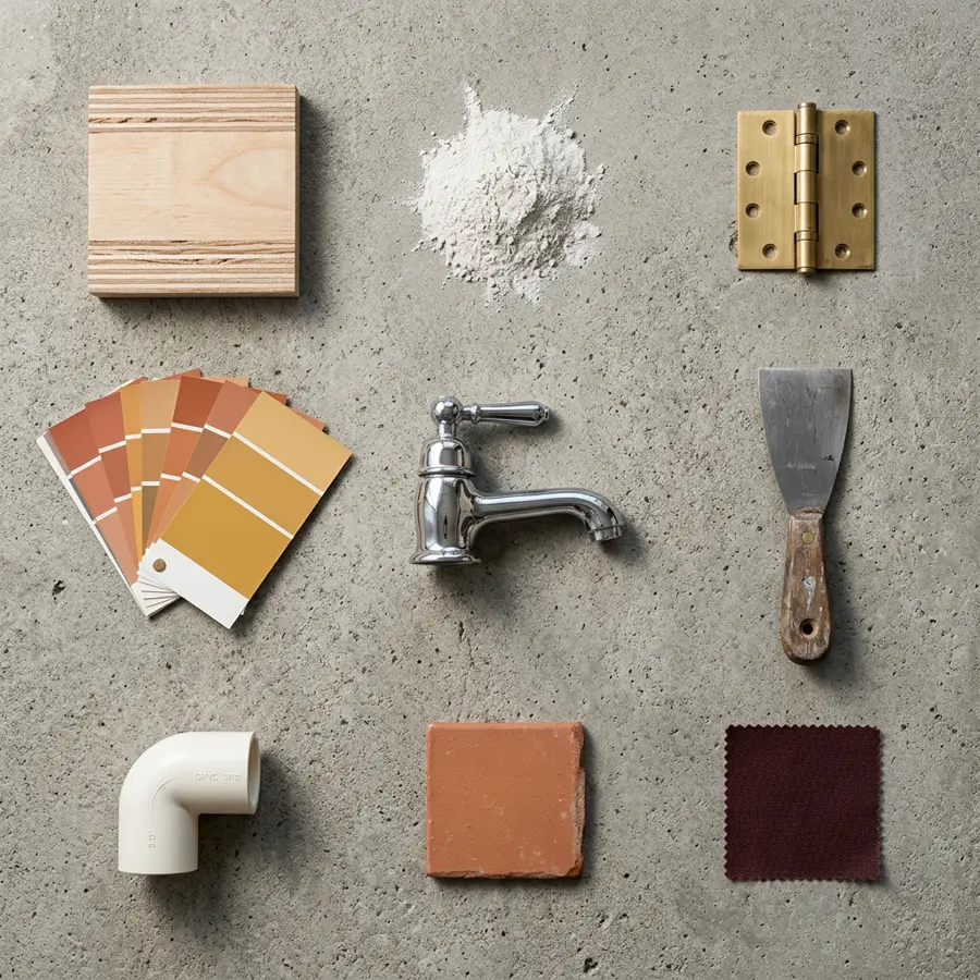 Material samples laid out on concrete: plywood offcut, white cement, brass hinge, paint shade cards, chrome tap, putty knife, CPVC elbow, terracotta tile