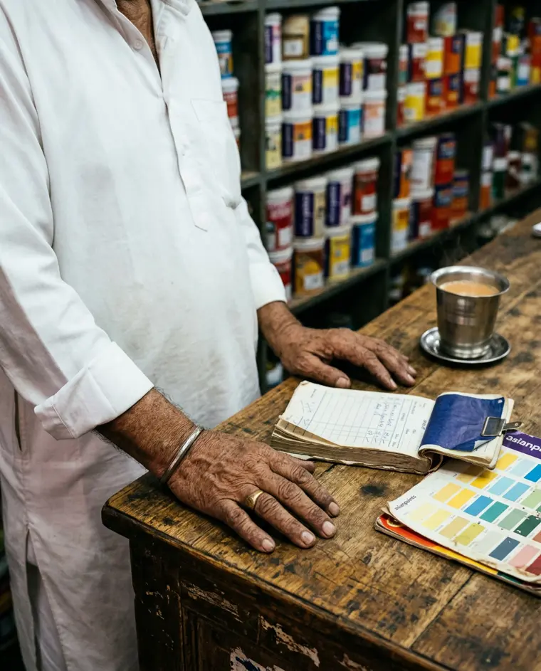The shop counter: a receipt book, an Asian Paints shade card and a steel tumbler of chai